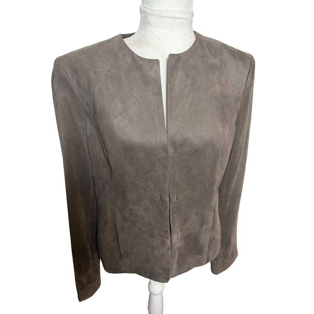 Jones New York Signature Taupe  Blazer Jacket~Sz L~Faux Suede Collarless Office